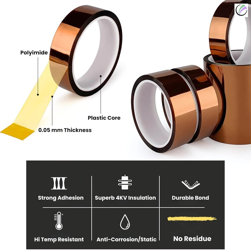 echomerx Heat Tape – 3-Pack 10mm x 33m Polyimide Heat Resistant Tape, 1” Core – No Residue, High Temp, for Sublimation, Cricut, 3D Printer, Heat Press, Electronics - Image 4